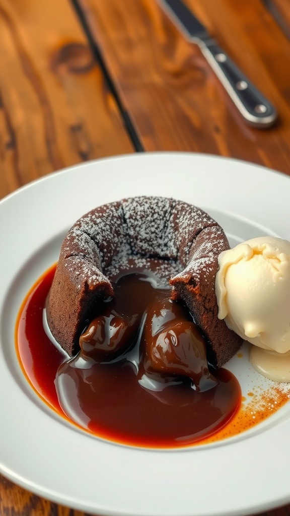 Decadent chocolate lava cake with molten center, served with ice cream on a rustic wooden table.